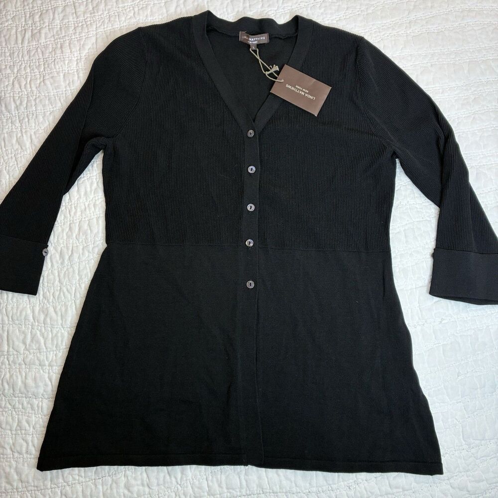 NEW Linda Matthews NY knit tunic button front cardigan Sz L flared 3/4 sleeve